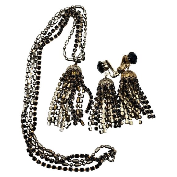 Vintage Weiss Necklace Earrings Set Black Rhinestones Tassel Long Dangling Chain - Picture 4 of 9